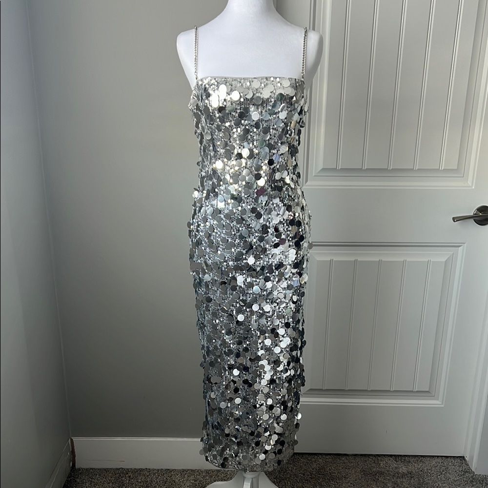 Silver Midi Disco Sequin Dress